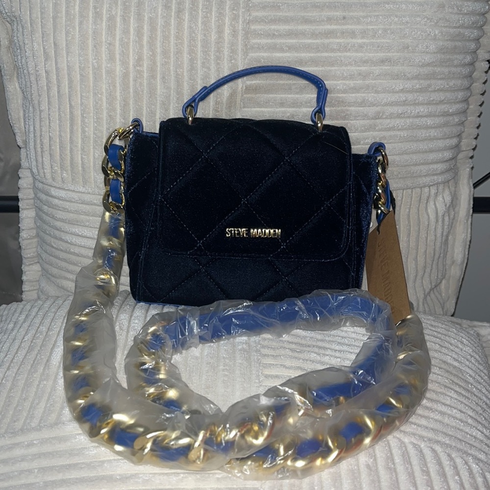 Steve Madden Blue Velvet Gold Chain Purse